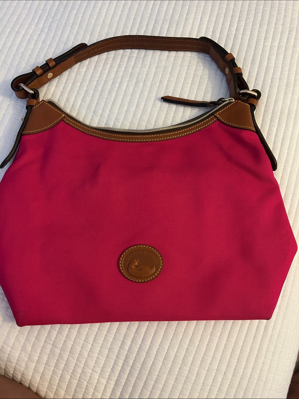 Dooney & Bourke Hot Pink Shoulder Bag with Brown Leather Trim